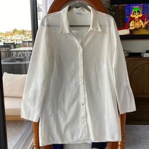 Blue Island Long Sleeve Button Down Cream Color Shell Detail Swim Suit Coverup